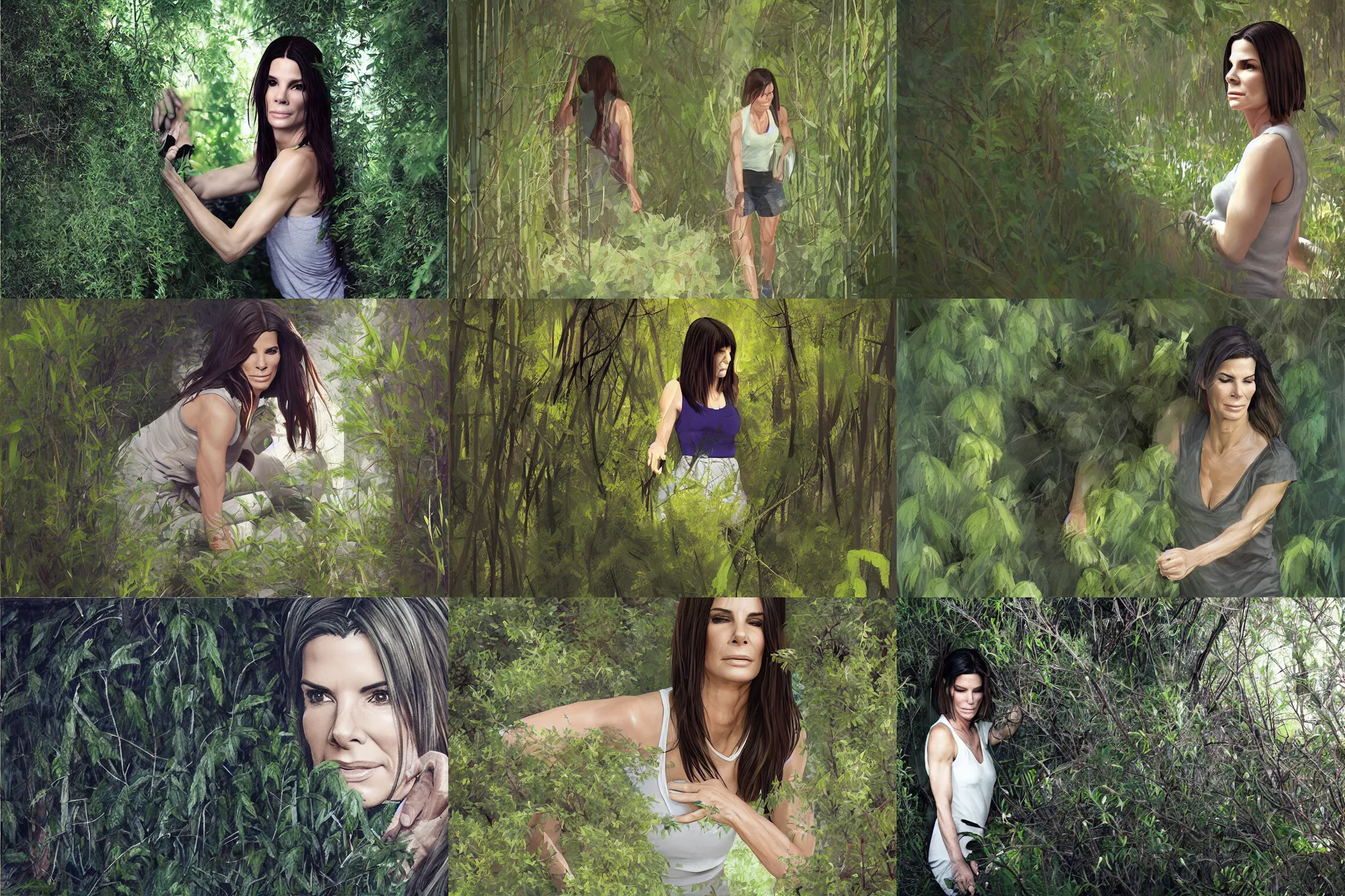 Prompt: sweating Sandra Bullock sneaking through underbrush created by WLOP