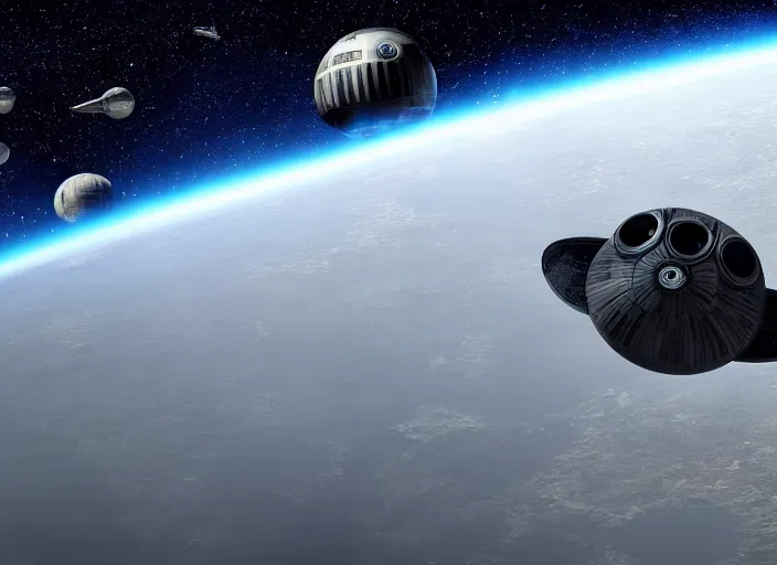 Image similar to film still of the death star hovering above earth in the new star wars movie, 4 k