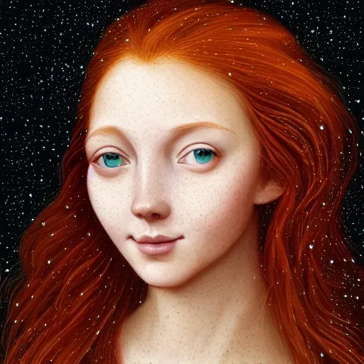 Prompt: portrait of a red haired girl, long hair, green eyes, hint of freckles, beautiful round face, soft amazed smiles, among golden fireflies, highly detailed, deep focus, elegant, digital painting, smooth, sharp focus, golden ratio, illustration, ultra realistic, 8 k, art by leonardo da vinci