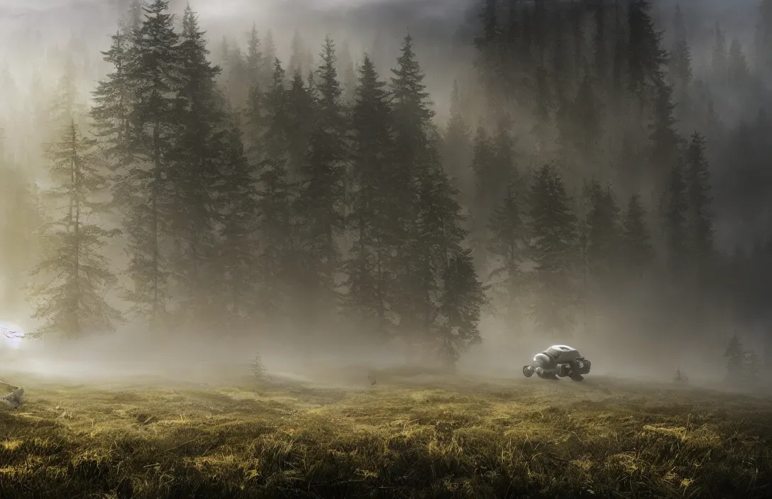 Prompt: beautiful landscape shot with spider robots walking through mist, atmospheric, fog, mountains, atmospheric perspective, beautiful, German forest, wide angle, photorealistic, concept art