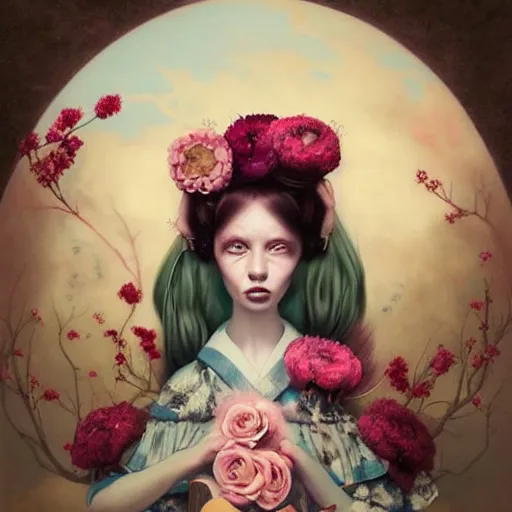 Prompt: pop surrealism, lowbrow art, realistic spanish woman painting, full covered dress, japanese related with flowers, hyper realism, soft colours, rococo, natalie shau, loreta lux, tom bagshaw, mark ryden, trevor brown style