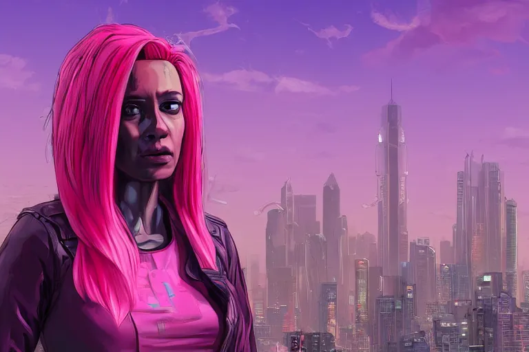 Image similar to a woman with pink hair standing in front of a city, cyberpunk art by patrick brown, trending on artstation, afrofuturism, synthwave, darksynth, retrowave