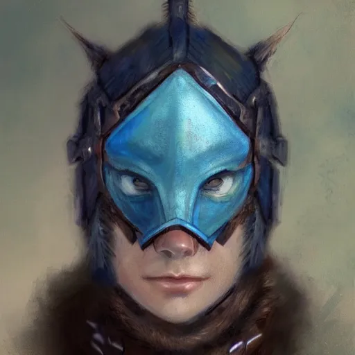 Prompt: art, bandit from ‘ icewind dale ’ with a frost blue gem mask lined with copper, ‘ icewind dale 2 ’ profile portrait by ‘ justin sweet ’, falling snow, soft focus, illustration, oil paint, trending artstation