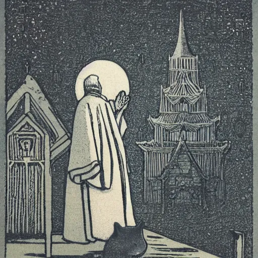 Prompt: woodblock print of a fluffy grey cat pointing it's paw at a priest in front of a white stave church by zdzislaw beksinski fantastic realism early morning - - h 2 0 0 0