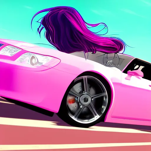 Image similar to a stunning GTA V loading screen with a beautiful woman with ombre hairstyle in purple and pink blowing in the wind leaning on a car, digital art, trending on artstation