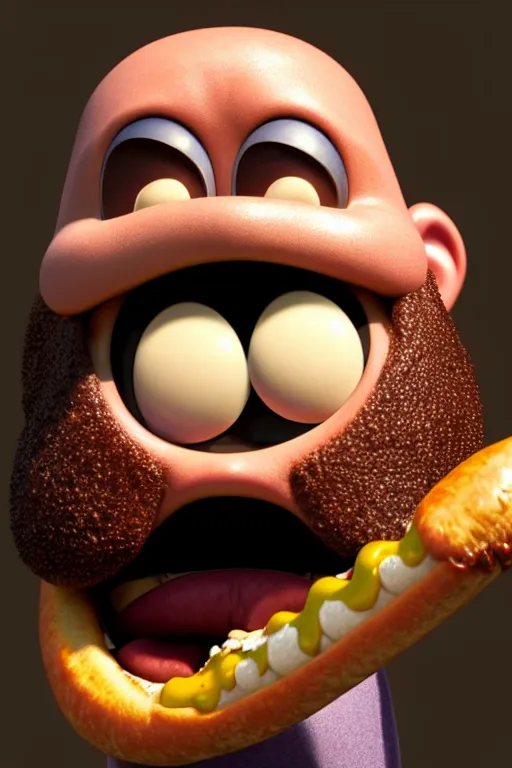 Prompt: pixar bearded man holding a hot dog, laughing, brown eyes, happy | glamorous oily soft polished rich ornate modern | weta disney pixar movie still photo | hi - fructose, sci fi fantasy, smooth, octane render, sharp focus, artstation, concept art | artgerm, mucha, rutkowski, feng zhu, wlop, loish