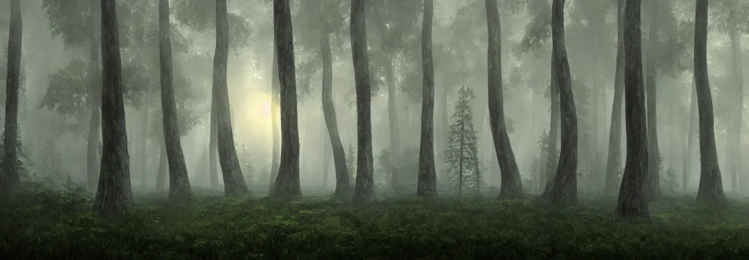 Image similar to A forest with big trees and fog by paul chadeisson, cinematic lighting, extremely detailed, ultra realistic, trending on artstation, 8K