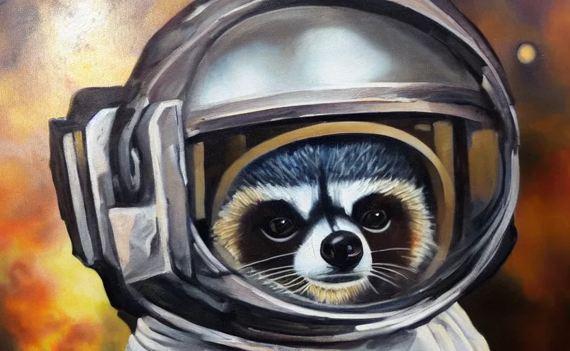 Prompt: oil painting of a racoon in a astronaut suit with helmet, 35mm, photo, Epic, cinematic