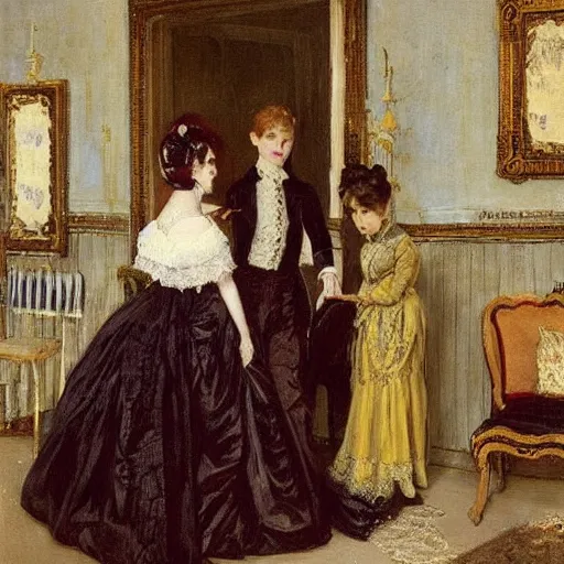 Prompt: young victorian lady shopping for ball gowns, painted by alfred stevens