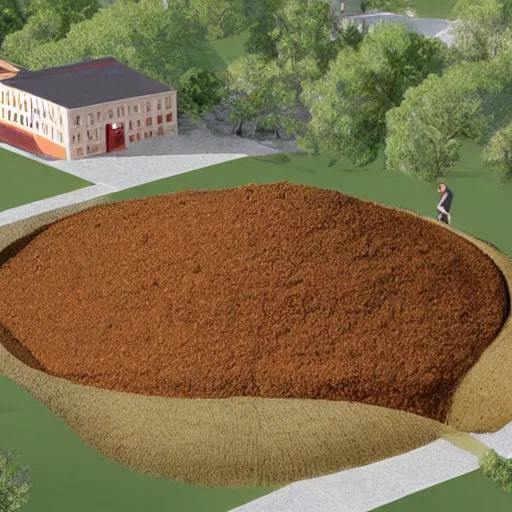 Prompt: a giant anthill in the shape of an old-fashioned school, photorealistic