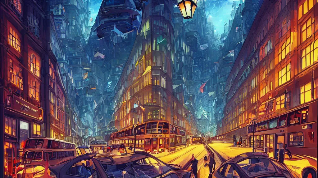 Prompt: street view of london city at night by cyril rolando and naomi okubo and dan mumford and zaha hadid. flying cars. advertisements. elegant lamps. double decker bus.