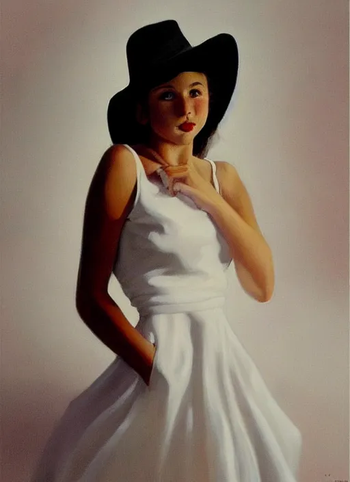 Prompt: a portrait of an beautiful happy young girl in a white dress wearing a hat, highly detailed, dramatic lighting, intense shadows, rich deep colours, by jack vettriano