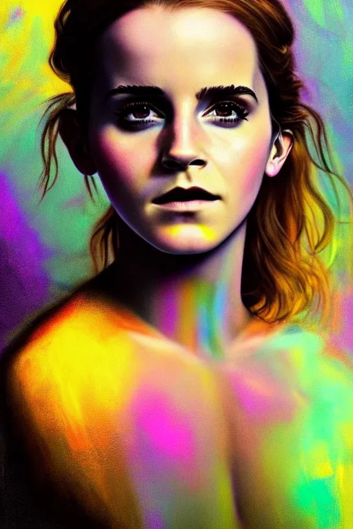 Prompt: electric emma watson, painted by peter lloyd and frank wu, trending on artstation, rembrandt lighting front view iridescent colors, chalk art, macro, magic realism, manierism