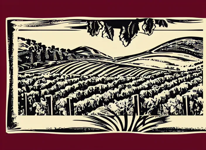 Prompt: wine label template, vector graphic, linocut vineyard landscape by greg rutkowski, fine details, highly detailed