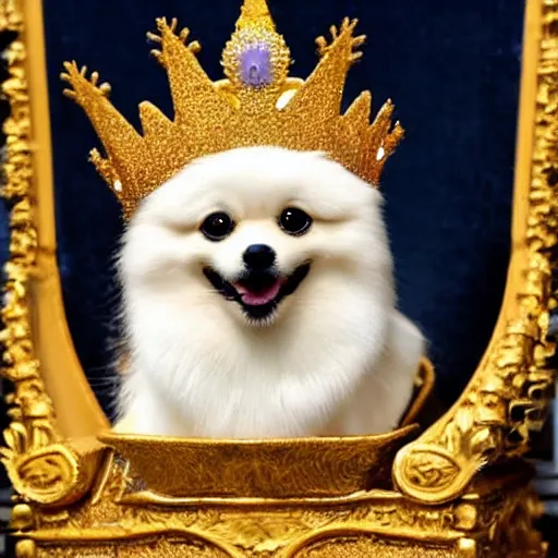 Image similar to a Pomeranian wearing a golden crown is sitting on the King's throne