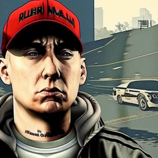 Prompt: eminem in gta v, cover art by stephen bliss, loading screen, box art