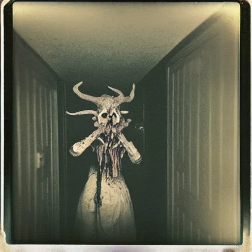 Image similar to a terrifying monster at the end of a hallway, dark!, creepy, deer skull, nightmare fuel!!!, unsettling, uncanny valley!, old polaroid, expired film,