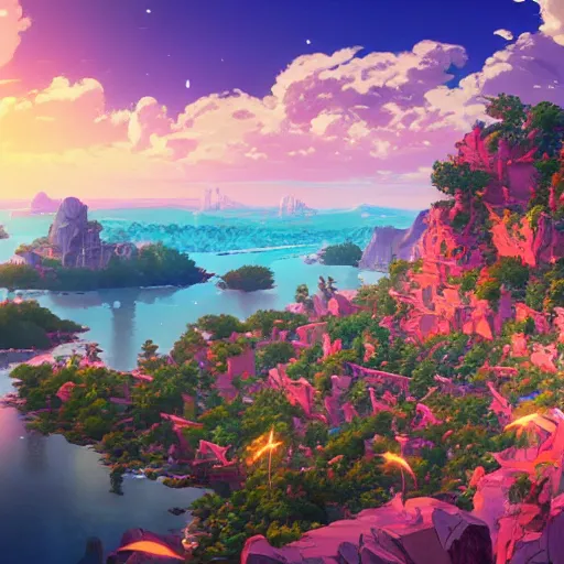 Image similar to the aesthetic view of the beautiful, grand, wistful, dreamy lonely island at dusk, hyperrealistic anime illustration by iralki nadar, colorful, extremely detailed, intricate linework, super sharp focus, bright colors, octopath traveler, studio ghibli, unreal engine 5 highly rendered, global illumination, radiant light, detailed and intricate environment