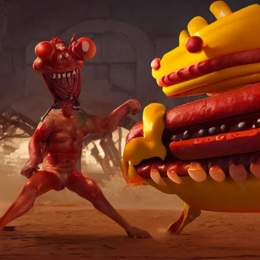 Image similar to a warrior fighting a giant hotdog demon that spits mustard. eldenring boss, zbrush, arnold render, unrealengine 5, dark souls, horror, extremely detailed