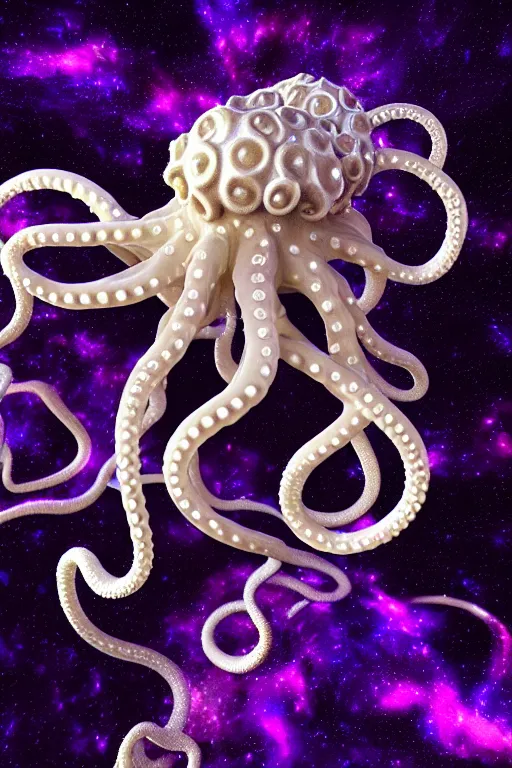 Prompt: 3 d sculpture white intertwined octopus tentacles, floating in dark purple galaxy, gold details, very detailed, highly intricate, ornate, dramatic lighting, pearlescent, octane render, 8 k,