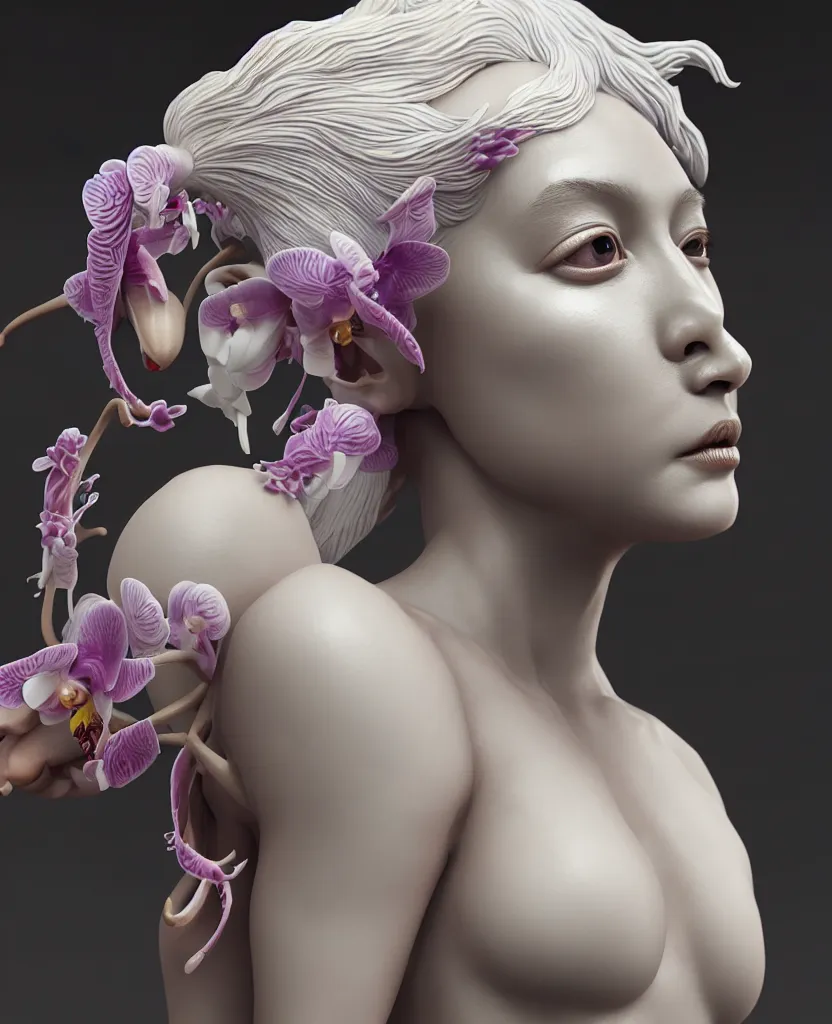 Image similar to goddess full painted acryllic sculpture close-up portrait. orchid bird betta fish, intricate artwork by Tooth Wu and wlop and beeple. octane render, trending on artstation, greg rutkowski very coherent symmetrical artwork. cinematic, hyper realism, high detail, octane render, 8k