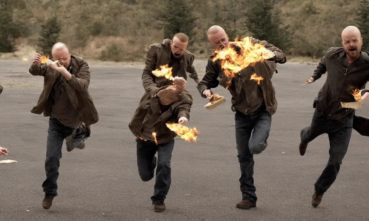 Prompt: jesse pinkman throwing pizza at walter white while he's running away, still shot from breakingbad serie