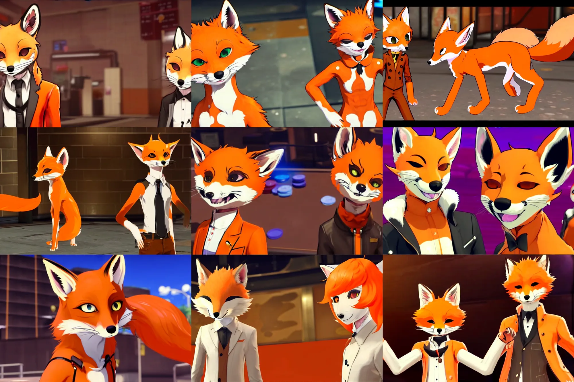 Prompt: a furry male sand - colored tan fox fursona ( has orange hair ), in the persona 5 : royal ( by atlus ) video game casino level