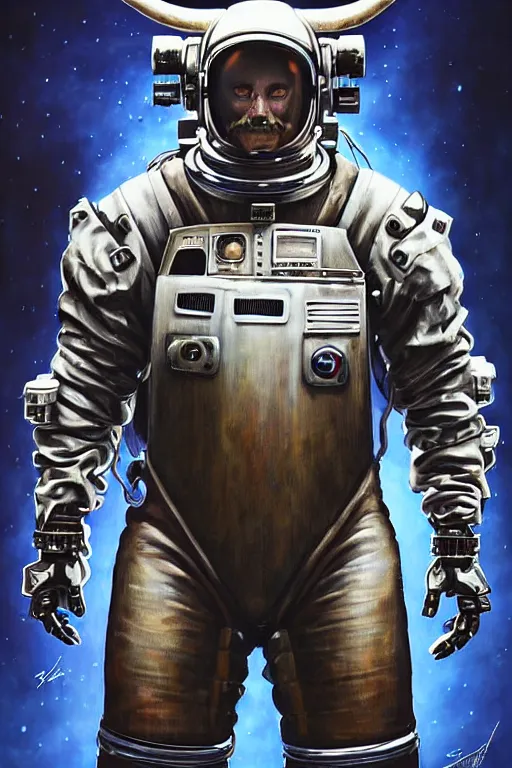 Image similar to a portrait of a muscular anthropomorphic cyberpunk highland cattle space mechanic in spacesuit armor with ensignia on chest plate by sandra chevrier, by jon foster, detailed render, pistol in holster, tape deck, epic composition, cybernetics, 4 k realistic, cryengine, realistic shaded lighting, sharp focus, masterpiece, by enki bilal