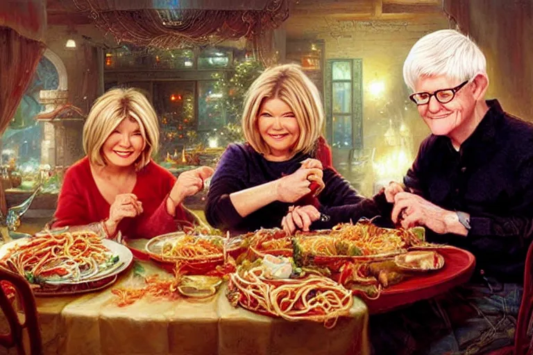 Image similar to martha stewart and phil donahue having a romantic spaghetti dinner, an oil painting by ross tran and thomas kincade