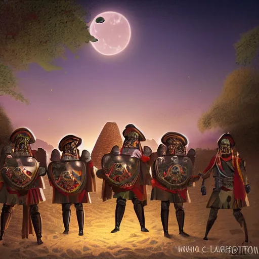 Image similar to A group of armoured Spanish conquistadors holding lanterns on a sandy beach Cove in middle of a magical forest in a dark night. Inca ruins in the background. Pale crescent moon in the sky. detailed digital painting, artstation