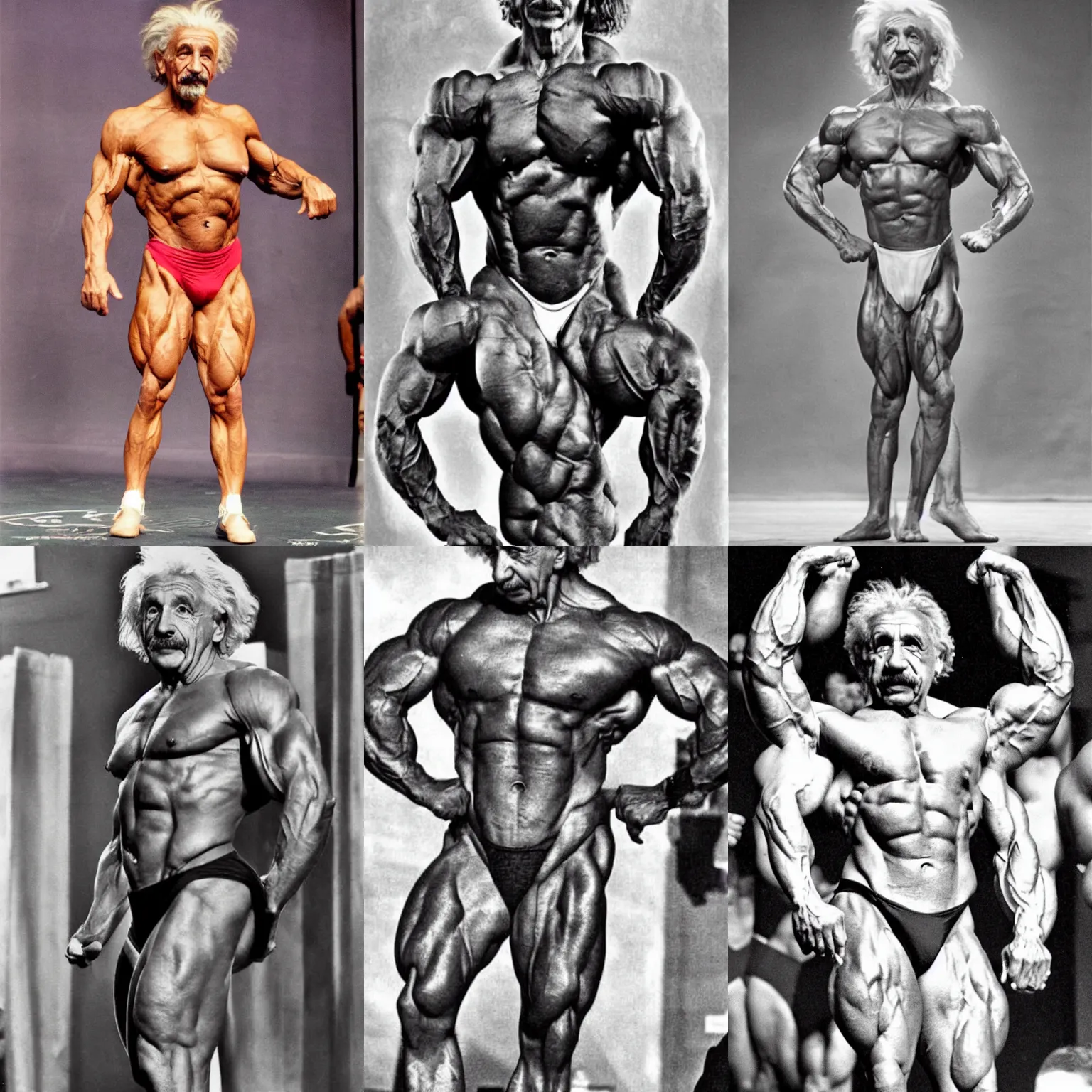 Prompt: colorful hyper realistic photograph of muscular muscular Albert Einstein posing in a bodybuilding competition