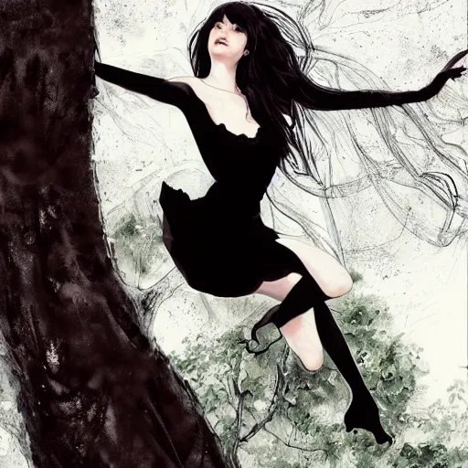 Prompt: a girl wearing a black lace dress and thigh highs sits on a tree, digital art, beautiful face, expressive oil painting, by yoshitaka amano, by artgerm, by conrad roset, by makoto shinkai, volumetrics, mood