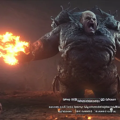 Image similar to Danny Devito as a boss in Elden Ring, in game, gameplay, screenshot