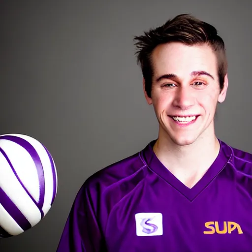 Image similar to photographic portrait by Annie Leibovitz of a young white male smiling with short brown hair that sticks up in the front, dark eyes, groomed eyebrows, tapered hairline, sharp jawline, wearing a purple white volleyball jersey, sigma 85mm f/1.4, 15mm, 35mm, 4k, high resolution, 4k, 8k, hd, full color