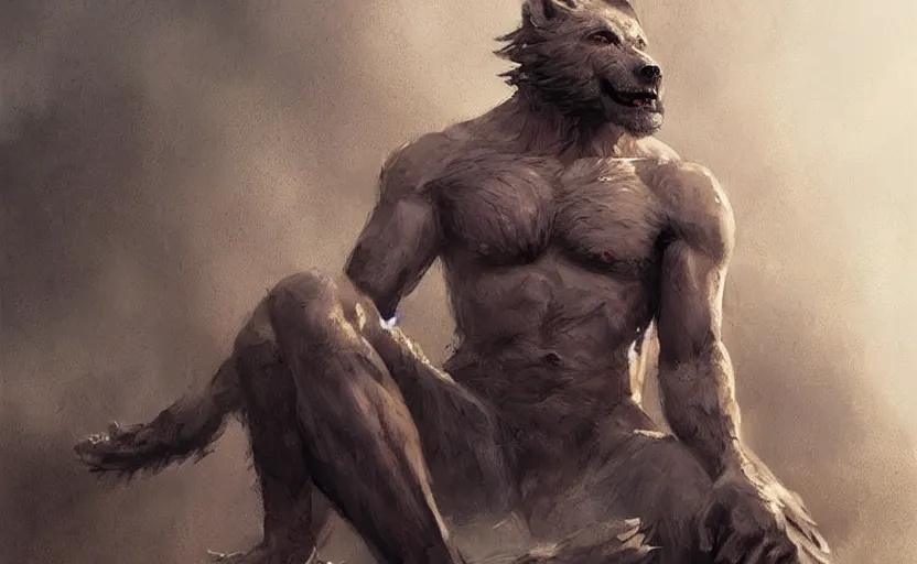 Image similar to Portrait of a rugged werewolf sitting down, male, muscular, detailed face, bare thighs!!!, simple clothing!!!!!, fantasy, medieval, highly detailed, cinematic lighting, digital art painting by greg rutkowski