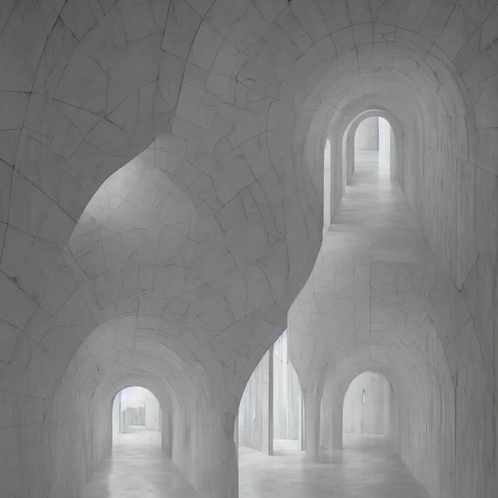 Image similar to photograph of a symmetrical arch hallway, shiny floor, concrete, pastel hues, minimalist, architecture magazine, dezeen, 50mm, pentax, film