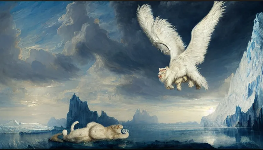 Image similar to highly detailed painting of white giant griffon cat bears with large feathered wings on a blue and white iceberg by william turner, by greg rutkowski, by william constable, thick brush strokes and visible paint layers, 4 k resolution