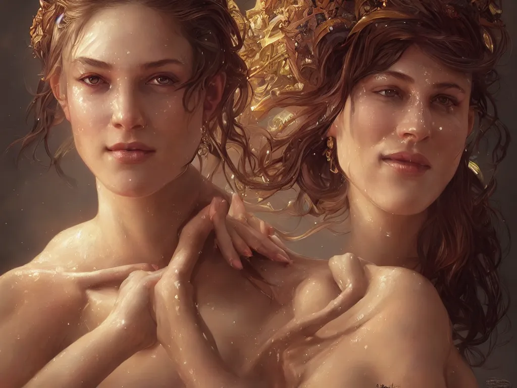 Image similar to epic portrait an star goddess smiling, beauty, sweaty skin, glossy lips, intricate, full frontal shot, highly detailed, digital painting, artstation, concept art, sharp focus, illustration, art by artgerm and greg rutkowski and alphonse mucha