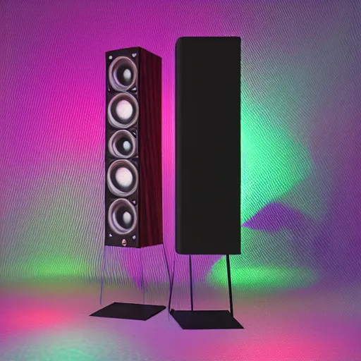 Image similar to 2 large speakers covered with a delicate psychedelic texture, octane render, hyper detailed render, volumetric light, ultra realistic,