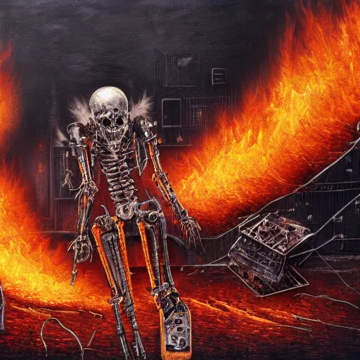 Prompt: death robot shredding flaming guitar, standing in ruined burning street by Yoshitaka Amano, by HR Giger, biomechanical, 4k, hyper detailed, hyperrealism, anime, a Blood Moon rising on a Broken World, deviantart, artstation