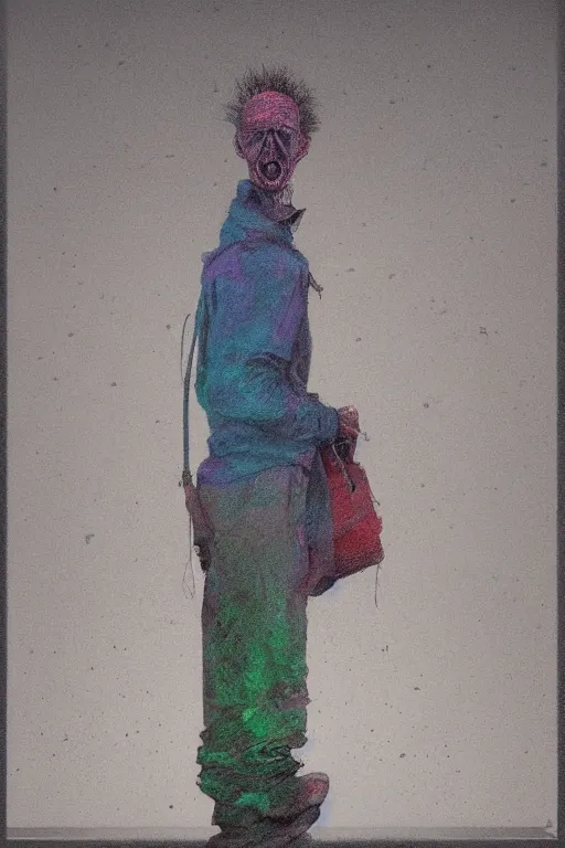 Image similar to crayon cartoon grunge portrait of man waiting for the bus . intricate artwork. nightmare fuel. terrifying. by zdzisław Beksiński, wlop, dan mumford , trending on artstation, greg rutkowski very coherent symmetrical artwork. cinematic, hyper realism, high detail, octane render, 8k