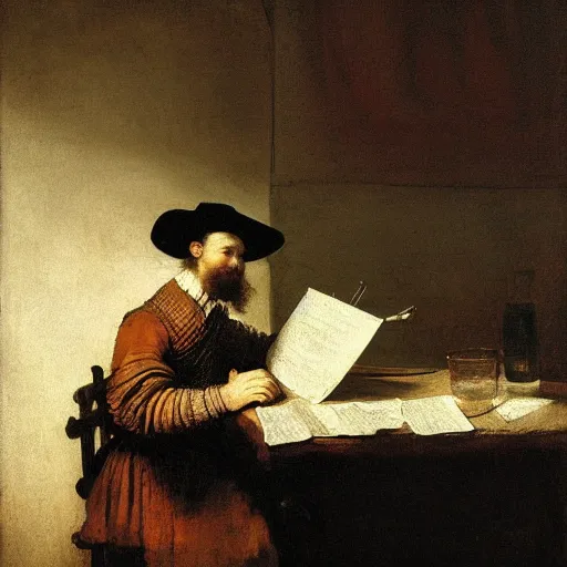 Prompt: mathematician working on a formula on the table in front of a messy white board oil painting by rembrandt, dark room, romantique, realistic