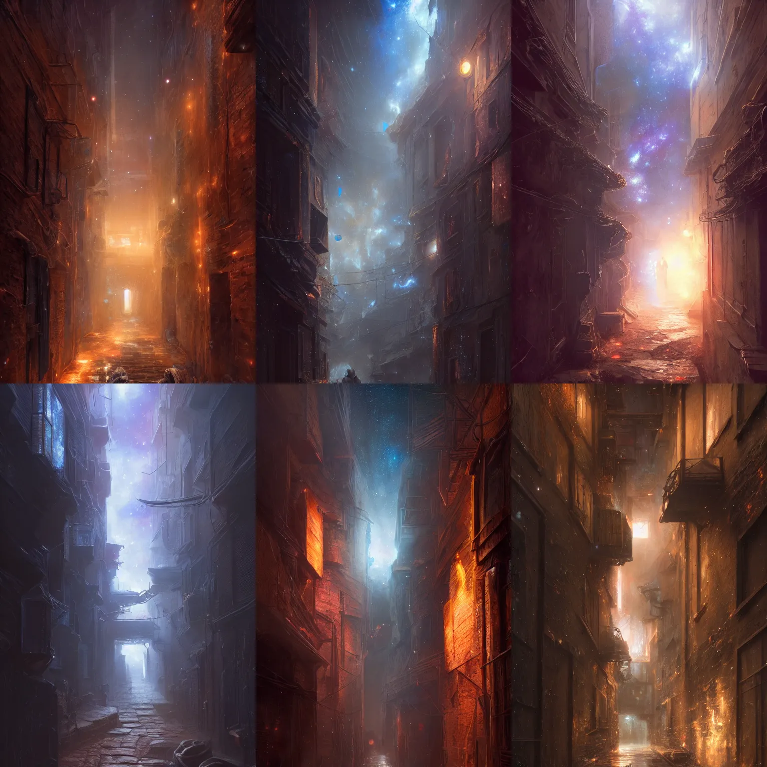 Prompt: a narrow alley, a cosmic galaxy is the pathway, diffuse lighting, strong imagery, highly detailed, by Greg Rutkowski, Maxim Verehin, Peter Konig, photorealistic 8k, cinematic lighting, HD, high detail, atmospheric, trending on artstation