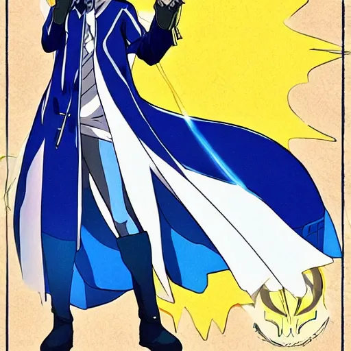 Prompt: rimuru tempest from that time i got reincarnated as a slime wearing a black trench coat, standing heroically beneath the sun, low - angle shot, art nouveau