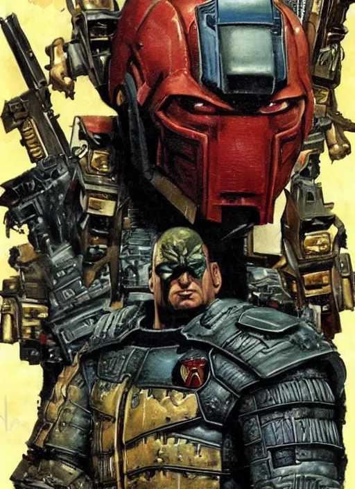 Image similar to full body and head portrait of martyn ford as judge dredd running from the thing, dynamic action, painted by norman rockwell and phil hale and greg staples and tom lovell and frank schoonover and jack kirby