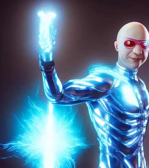 Image similar to bald albino man wearing silver goggles and an electric blue super hero suit, generates lightning from his hands, sharp, trending on artstation, unreal engine, octane render, cgsociety, artgerm, award - winning, focus, highly detailed