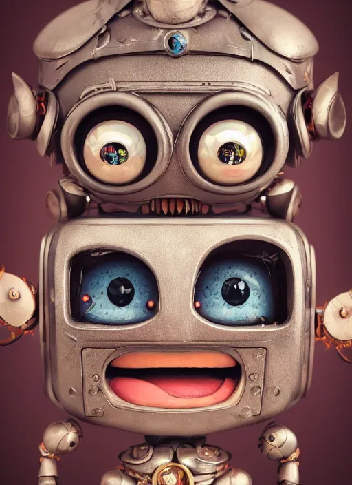 Image similar to closeup portrait of tin toy robot goblin trap, depth of field, zeiss lens, detailed, symmetrical, centered, fashion photoshoot, by nicoletta ceccoli, mark ryden, lostfish, breathtaking, 8 k resolution, extremely detailed, beautiful, establishing shot, artistic, hyperrealistic, octane render