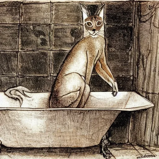 Prompt: cute caracal in bathtub, by Arthur Rackham