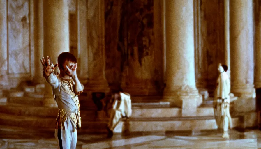 Prompt: movie still by tarkovsky of caligula stabbed to death by senators on huge stairs, cinestill 8 0 0 t 3 5 mm, high quality, heavy grain, high detail, dramatic light, ultra wide lens, anamorphic