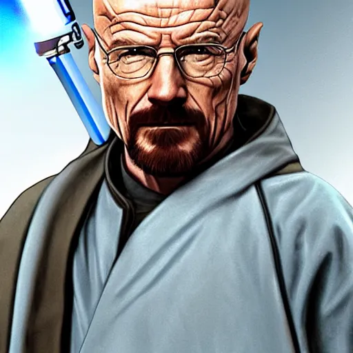 Prompt: Walter white as a Jedi, he holds a blue lightsaber, highly detailed realistic digital art